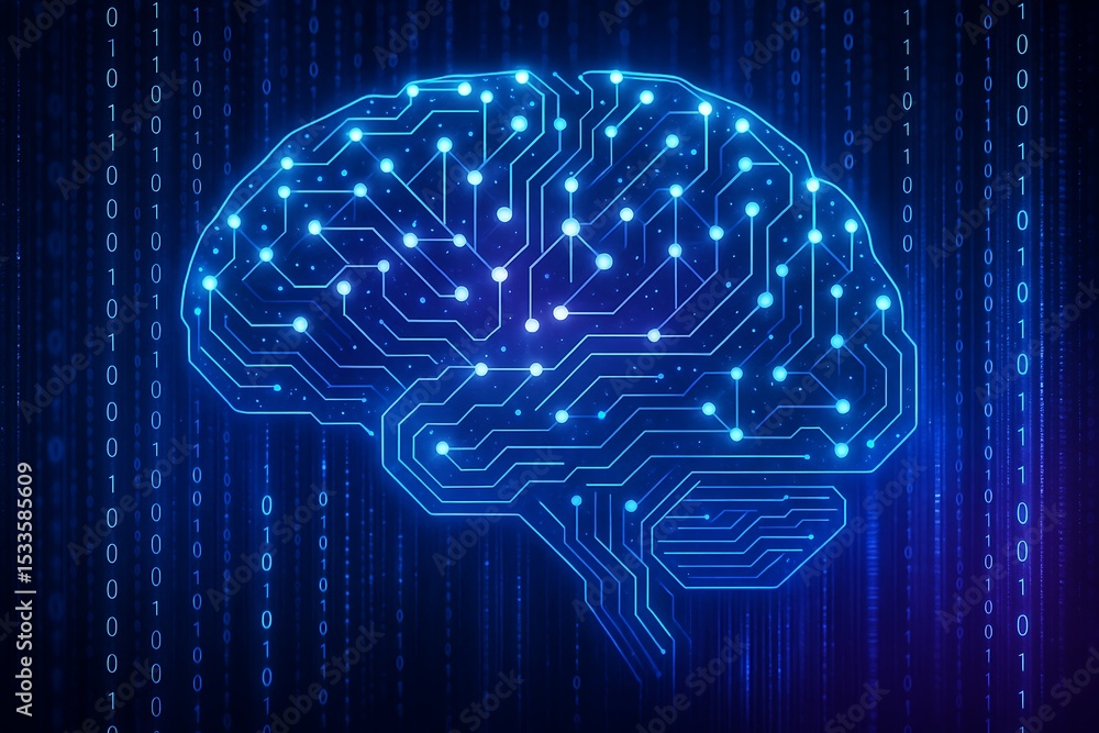 An artistic depiction of artificial intelligence, showing a glowing brain composed of circuits and neural links amidst flowing data. An artistic depiction of artificial intelligence, showing a glowing brain composed of circuits and neural links amidst flowing data.