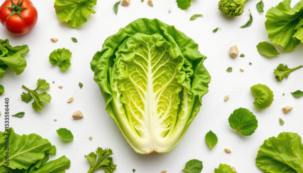 Obraz premium Fresh lettuce head surrounded by vibrant greens, herbs, and tomatoes creates lively and healthy composition. This arrangement showcases beauty of organic produce, perfect for salads and culinary
