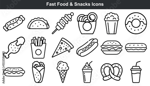Fast food snacks icons line art graphic design