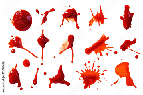 Collection of ketchup stains captured in various shapes and sizes showcasing vibrant red colors on a white backdrop