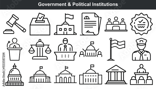 Government political institutions icons set symbols