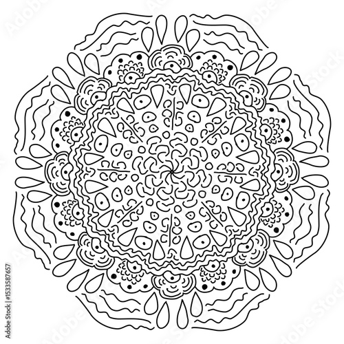 Hand-drawn mandala pattern for coloring book and meditation design, black and white vector line art.