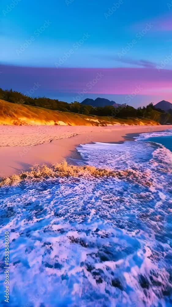 Seascape with Pastel Sunset Sky, Breaking Waves, and Distant Mountains Seascape with Pastel Sunset Sky, Breaking Waves, and Distant Mountains