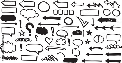 Hand-drawn Symbol Collection: A captivating assemblage of hand-drawn arrows, thought bubbles, and symbols, perfect for visual communication and adding a touch of playful creativity.