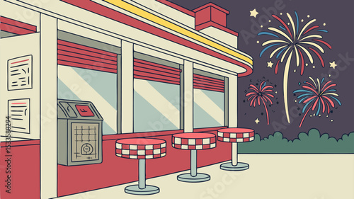 Retro diner exterior with red and white checkered stools and fireworks in the night sky background