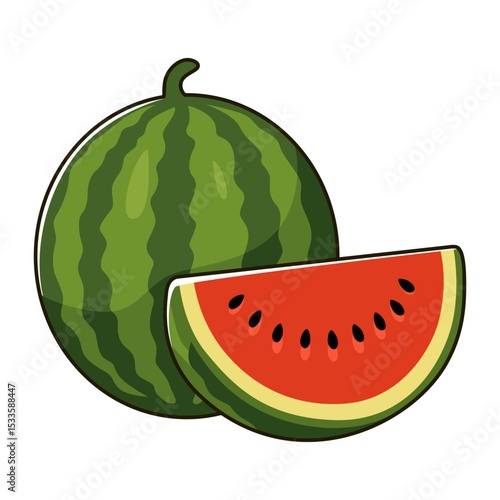 Watermelon Illustration Whole and Sliced Fruit
