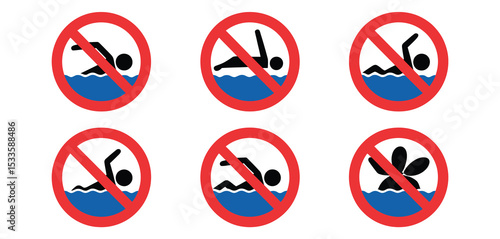 No swimming prohibition signs set illustration