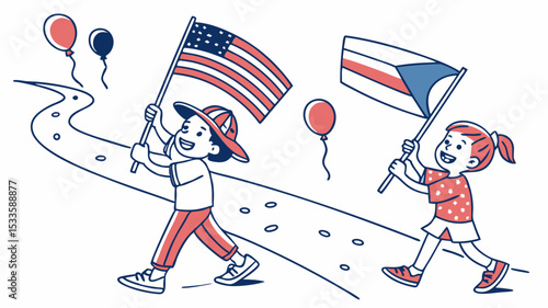 Two children joyfully parade with flags and balloons along a winding road in a cheerful celebration