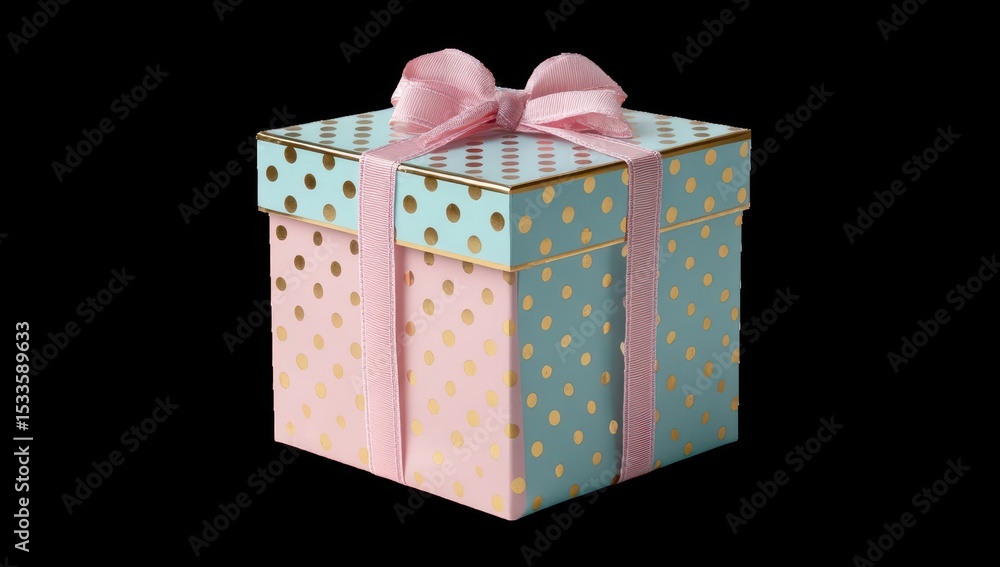 Obraz premium Square gift box with pastel polka dots and pink ribbon