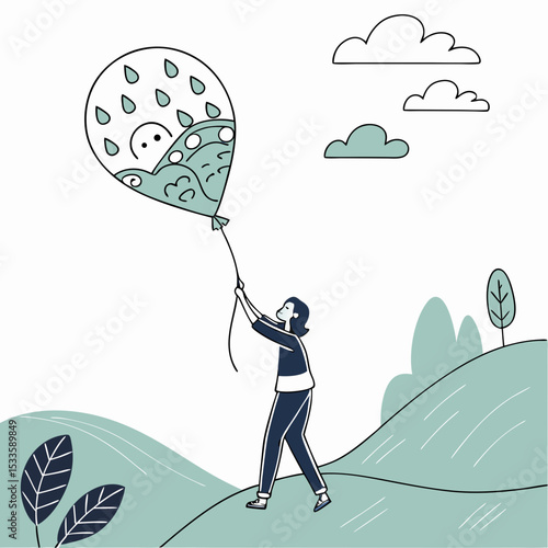a balloon of worries floating away – flat vector scene; The balloon rises into the sky, symbolizing the release of depressive thoughts.