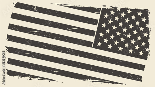 Distressed american flag with black stripes and stars on a beige background in a grunge style design