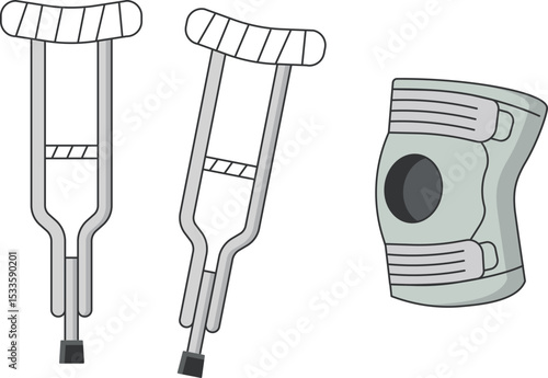 Crutches and Knee Support Brace Medical Equipment Set Illustration An illustration of a pair of crutches and a knee support brace used for injuries or rehabilitation. 

