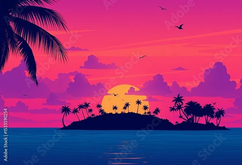 Flat style sunset over tropical island Purple sky, palm trees, ocean, birds,  palm trees,  scenery