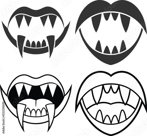 Silhouette Vampire Fangs Flat Illustration Gothic Bite Vector Art for Halloween Decor & Horror Designs.