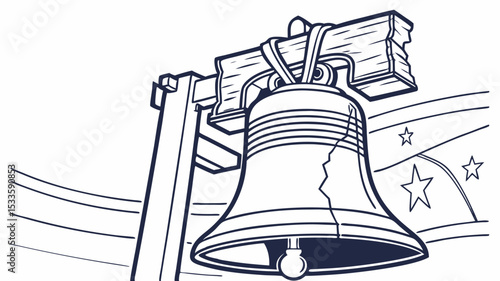 Illustration of the liberty bell with a visible crack and wooden support structure against a flag backdrop