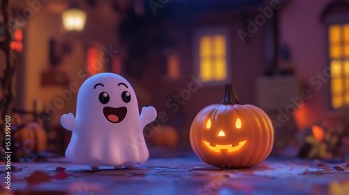 Fototapeta Naklejka Na Ścianę i Meble -  Cute ghost and pumpkin Halloween night