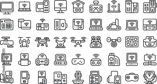 Set of Minimalist IoT and Smart Device Icons Featuring Connectivity, Automation, and Technology Symbols