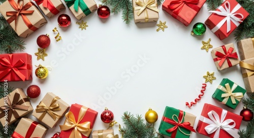 Overhead view of many wrapped Christmas gifts with red, green, and gold ribbons arranged in a circle, creating a festive frame on a white background with copy space.