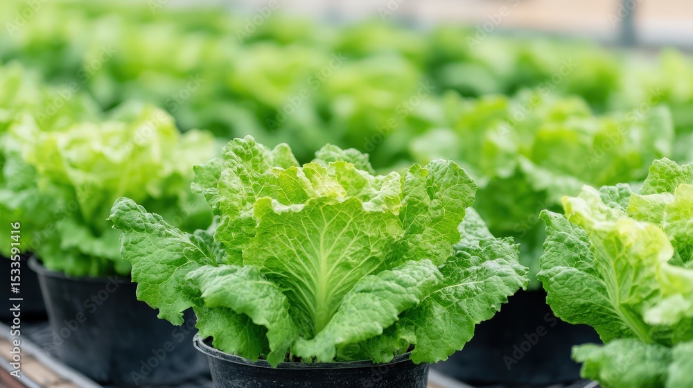 Fresh green lettuce plants growing in black pots on a greenhouse table. Fresh green lettuce plants growing in black pots on a greenhouse table.