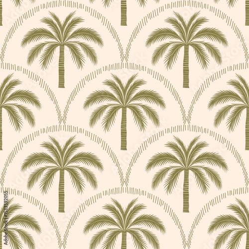 Seamless palm tree pattern featuring tropical botanical elements. This design is perfect for summer.	