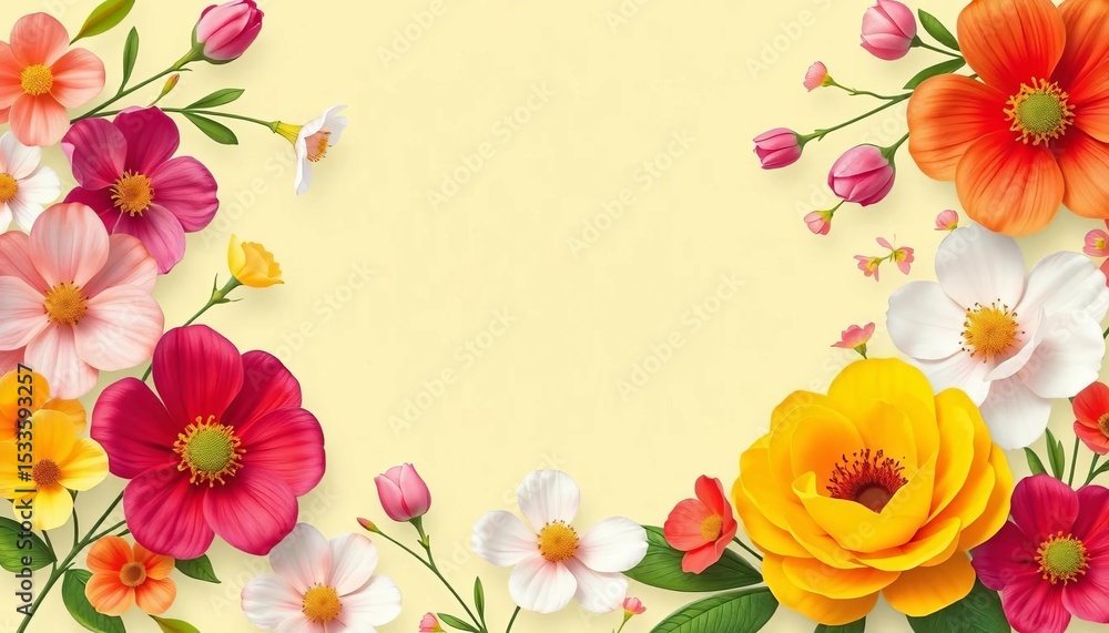 Mid-century modern floral frame with abstract spring blooms in bright colors, perfect for Mother's Day, flyer, leaves Mid-century modern floral frame with abstract spring blooms in bright colors, perfect for Mother's Day, flyer, leaves