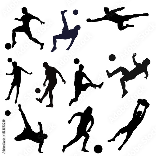 Dynamic silhouettes of soccer players performing various moves—goals, tackles, headers, and kicks. Great for sports ads, game promotions, training visuals, and fan merchandise.
