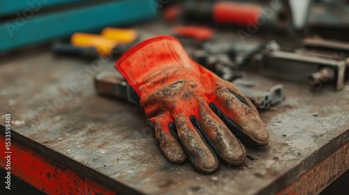 A dirty work glove rests on a cluttered workbench surrounded by various tools in a workshop.