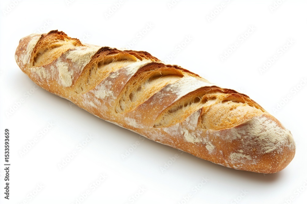 Crusty baguette with chewy crumb isolated on white background, showcasing its texture and traditional shape, ideal for culinary presentations or baking themes Crusty baguette with chewy crumb isolated on white background, showcasing its texture and traditional shape, ideal for culinary presentations or baking themes
