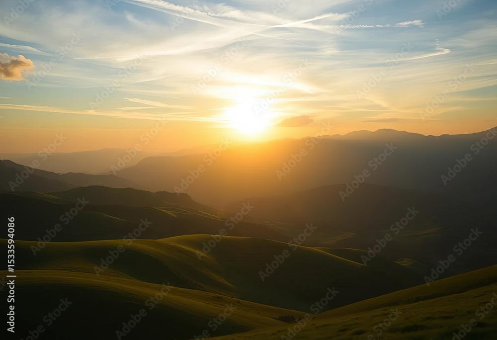 Obraz premium Serene sunset over rolling green hills and majestic mountains, warm sunlight silhouettes landscape, landscape, vector