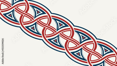Intricate celtic knot pattern featuring interwoven red and blue lines on a light cream background design