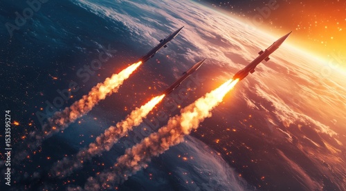 Three missiles launch from Earth, trails of fire and smoke,  planet view