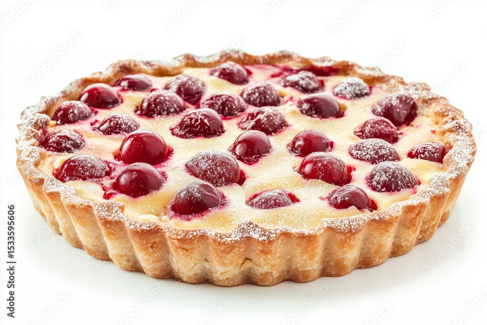 Delicious clafoutis with cherry filling, showcasing a creamy custard tart on a clean white background Delicious clafoutis with cherry filling, showcasing a creamy custard tart on a clean white background