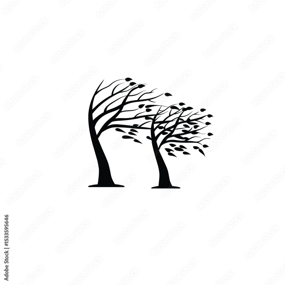 Fototapeta premium A silhouette of windblown trees in a stormy forest on white background
