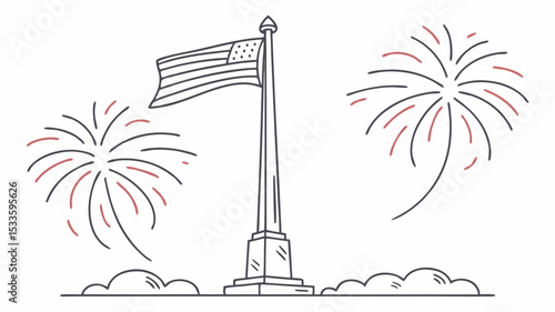 Illustration of american flag on a pole with fireworks and clouds in a simple line drawing style art