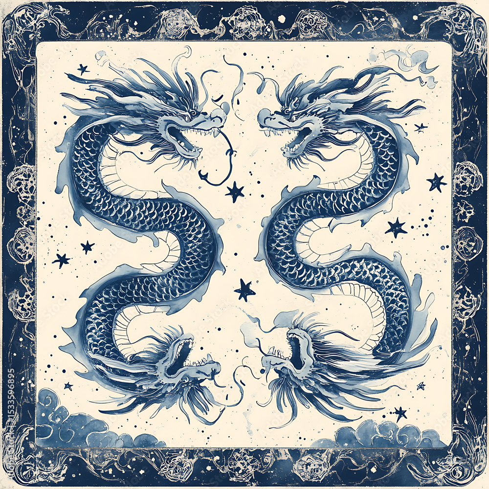 Obraz premium Seamless patterns of Chinese and Japanese traditional tile designs with elegant illustrations