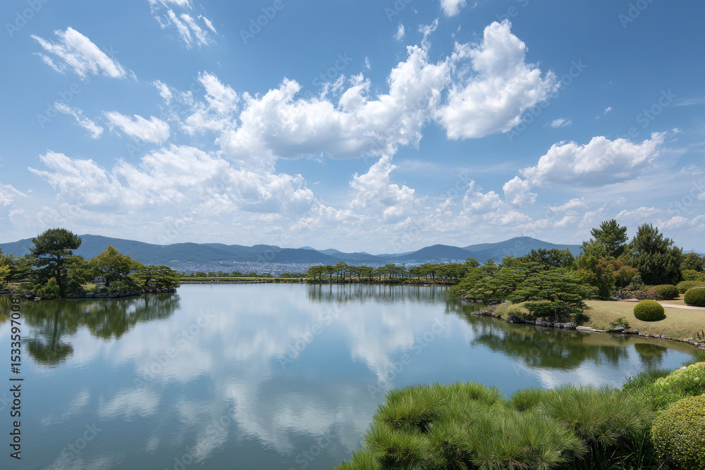 breathtaking view of osaka mountain towering over serene tranquil lake surrounded by lush greenery breathtaking view of osaka mountain towering over serene tranquil lake surrounded by lush greenery