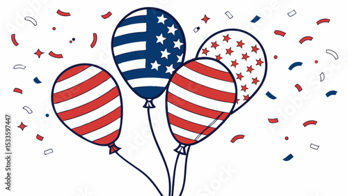 Festive patriotic balloons with stars and stripes and confetti for celebration and decoration design