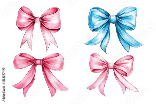 Watercolor ribbon bows pink and blue hand painted on transparent background