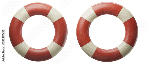 Two Red and White Life Preservers on White Background