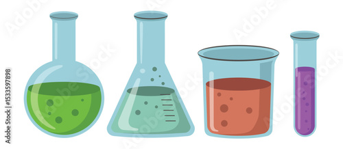 Colorful Laboratory Glassware with Liquids for Science Experiments