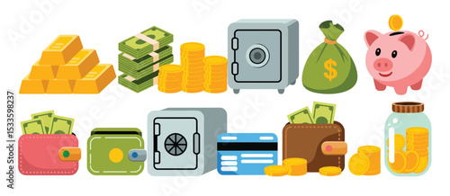 Financial Security and Wealth Gold Bars, Money Stacks, and Savings