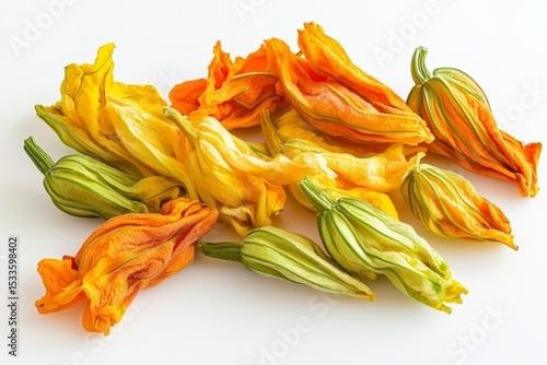 Fritto misto blossoms featuring assorted zucchini flowers lightly fried on a white background