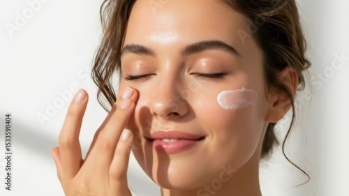 A young woman applies face cream, enjoying a skincare routine for healthy glowing skin