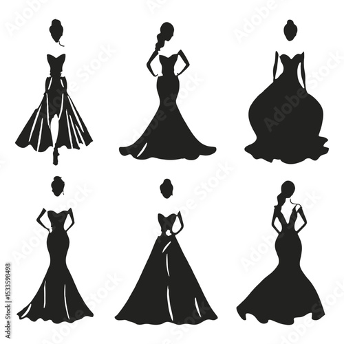 Set of women in elegant evening gown silhouettes.