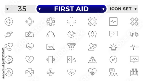 First Aid outline icon set. Emergency kit icon set. Vector objects set of survival emergency kit for evacuation or disasters.