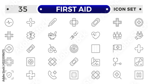 First Aid outline icon set. Emergency kit icon set. Vector objects set of survival emergency kit for evacuation or disasters.