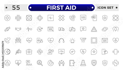 First Aid outline icon set. Emergency kit icon set. Vector objects set of survival emergency kit for evacuation or disasters.