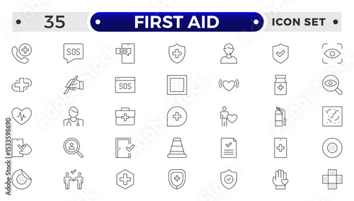 First Aid outline icon set. Emergency kit icon set. Vector objects set of survival emergency kit for evacuation or disasters.