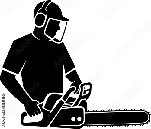 Silhouette of Worker Using Chainsaw for Logging or Tree Cutting