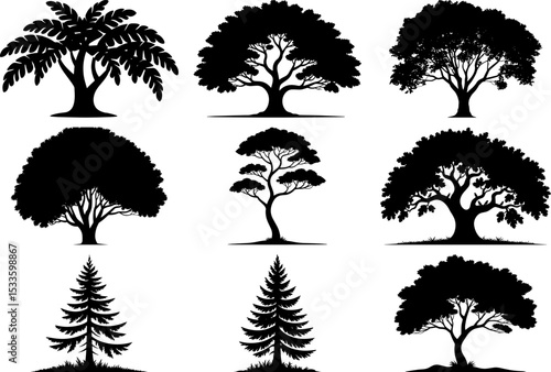 Silhouette Collection of Various Trees - Symbolizing Nature, Growth, and Environmental Diversity